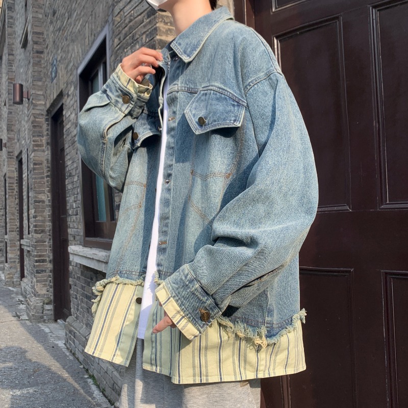 Men's Retro American-Style Striped Splicing Denim Jacket - Korean-Inspired Two-Piece Look, High-End Fashion