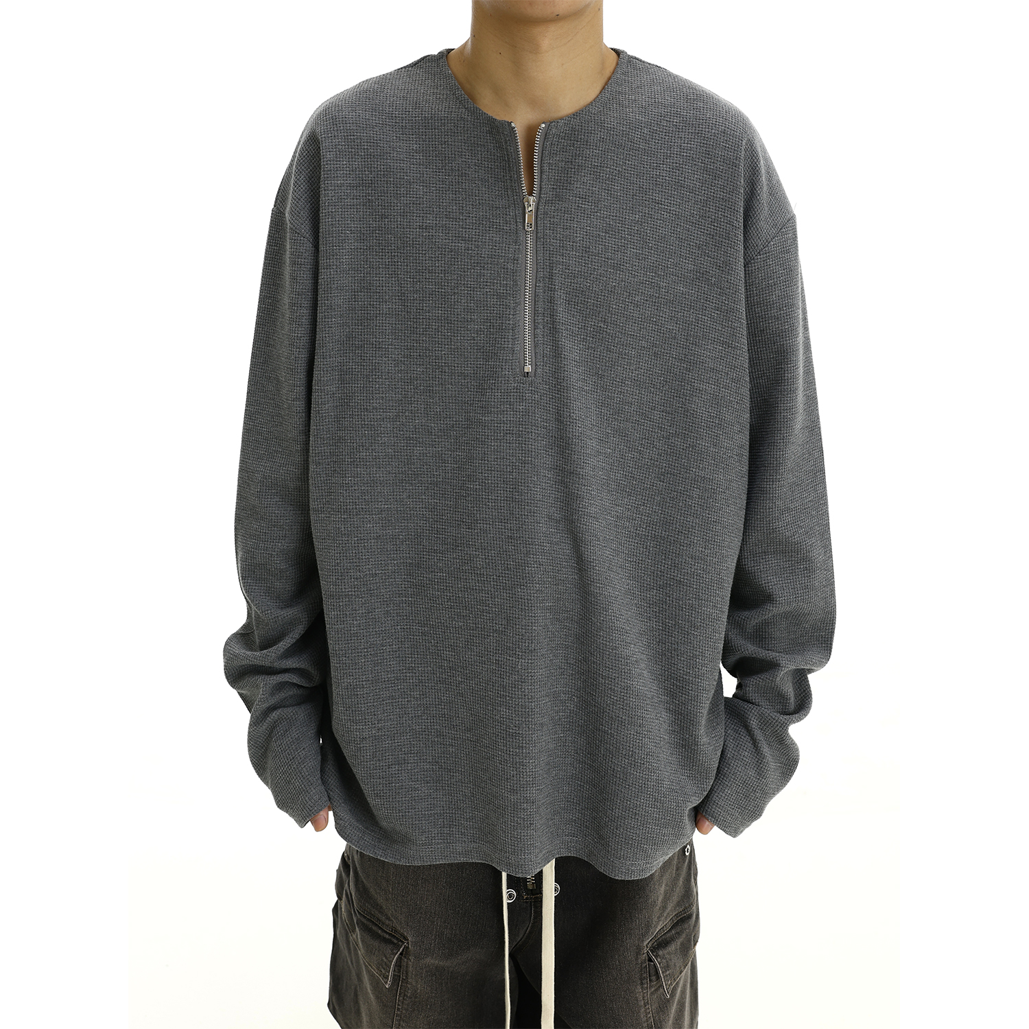 Men's Retro Streetwear Half-Zip Sweatshirt, Loose Fit Waffle Long Sleeve Base Layer for Autumn Winter Fashion