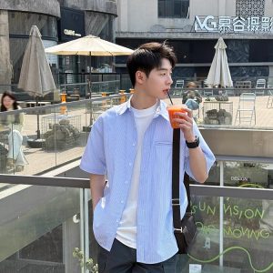 Men's Short-Sleeve Casual Shirt - Trendy Summer Jacket in Loose Fit, Stylish Hong Kong Design for Effortless Fashion
