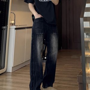 Men's Slim-Fit Water-Washed Cracked Denim Pants, Trendy High Street Style, Flattering Slightly Flared Design