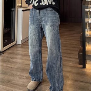Men's Slim-Fit Water-Washed Cracked Denim Pants, Trendy High Street Style, Flattering Slightly Flared Design