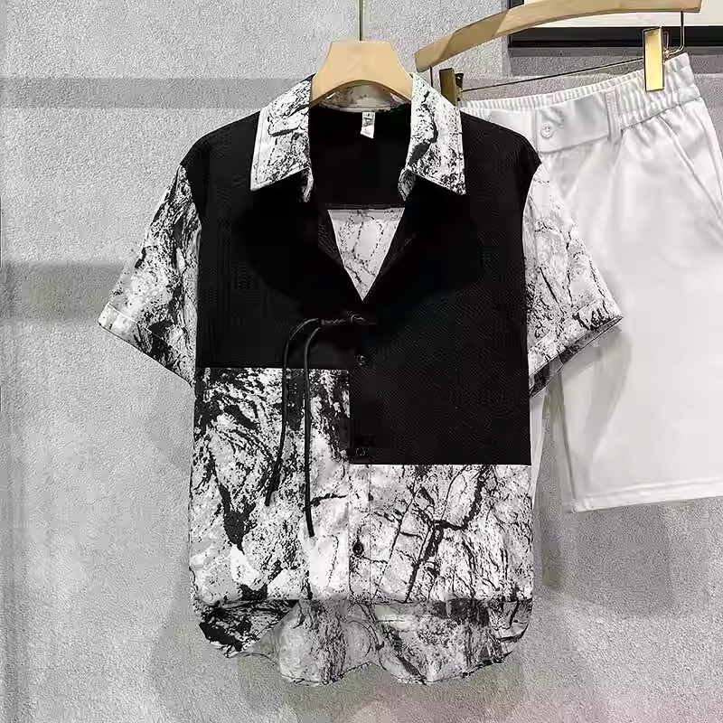 Men's Spliced Short-Sleeve Ice Silk Shirt, Trendy Ink Wash Print, Summer Chinese Style Top, Modern Casual Fashion for Men