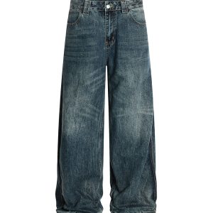 Men's Straight Leg Jeans with Messy Water Wave Pattern and Natural Whisker Finish - Summer 2025 Trendy Denim
