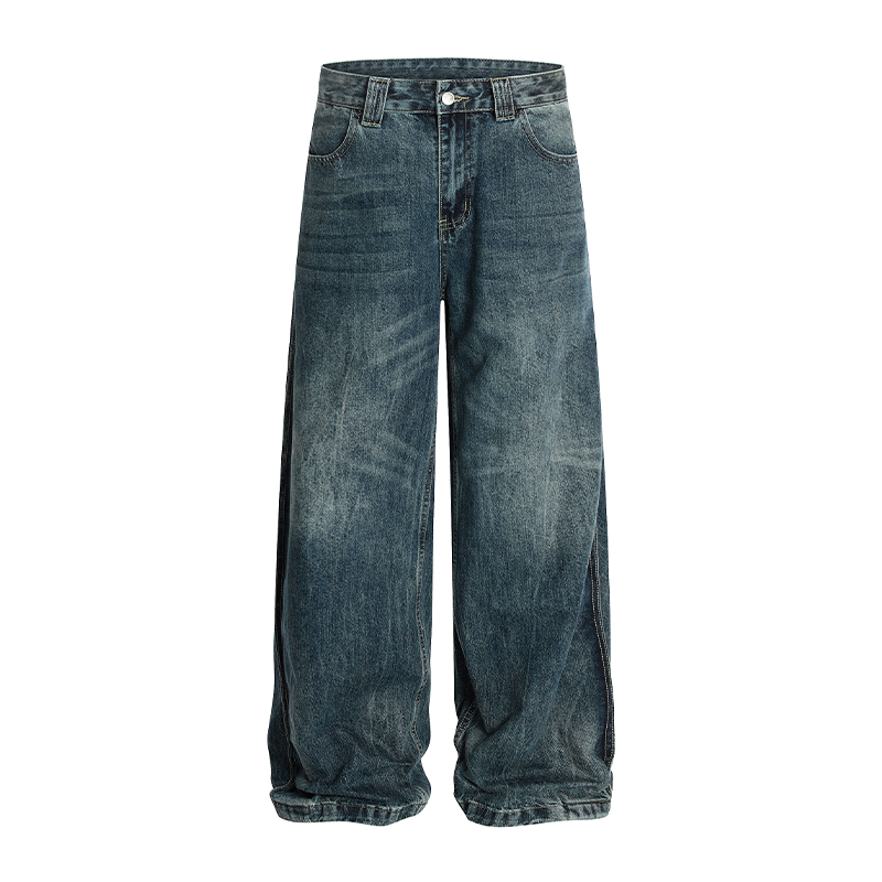 Men's Straight Leg Jeans with Messy Water Wave Pattern and Natural Whisker Finish - Summer 2025 Trendy Denim