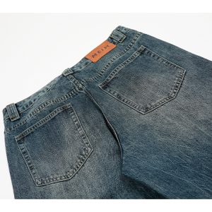 Men's Straight Leg Jeans with Messy Water Wave Pattern and Natural Whisker Finish - Summer 2025 Trendy Denim