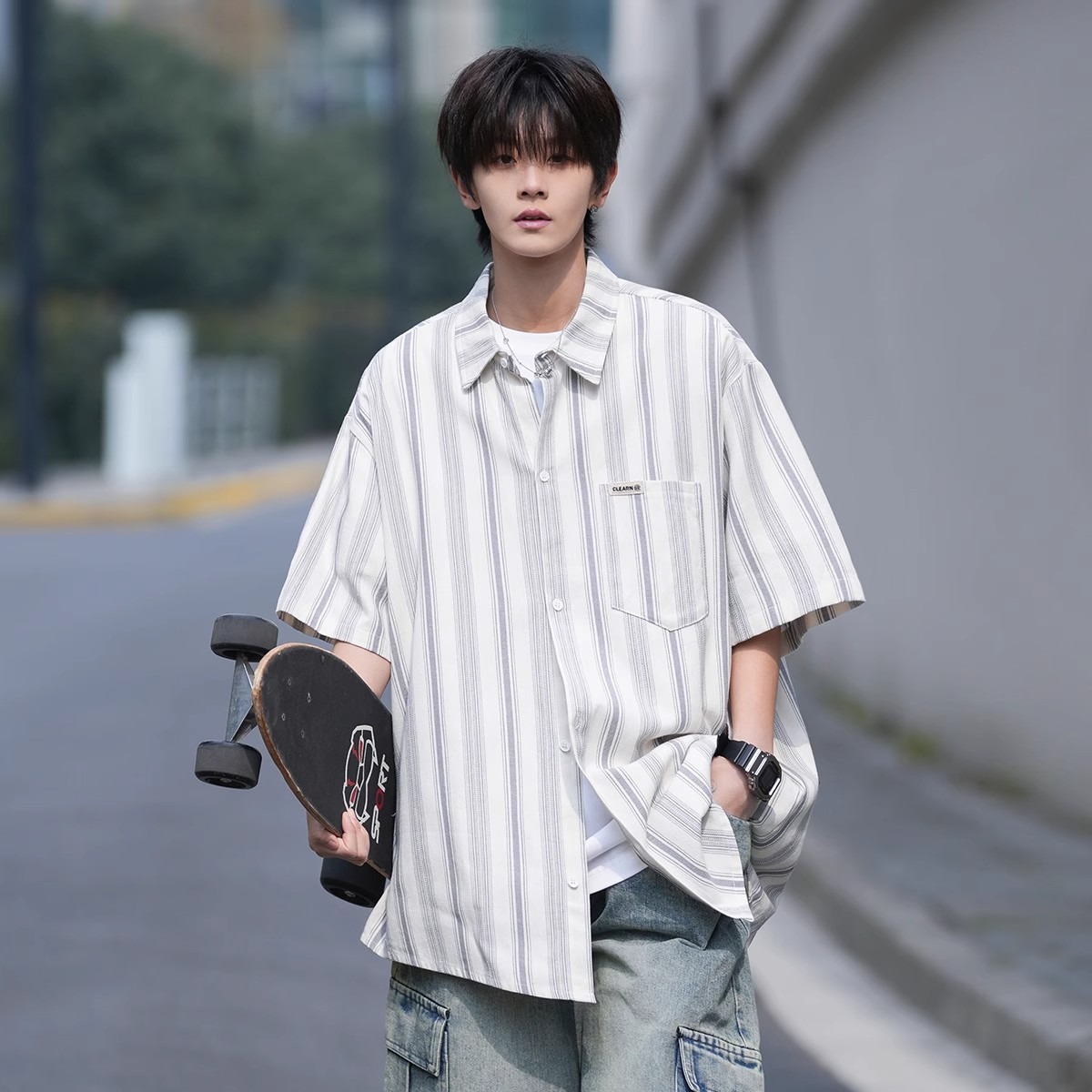 Men's Striped Short Sleeve Shirt - Trendy Summer Casual, Loose Fit, Wrinkle-Free, Sun Protection, American Style