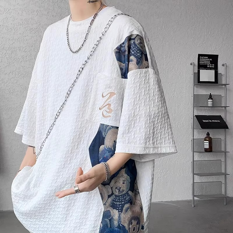 Men's Summer Chinese-Style Bear Short Sleeve T-Shirt, Trendy Textured Loose Fit, National Style, Youthful Fashion
