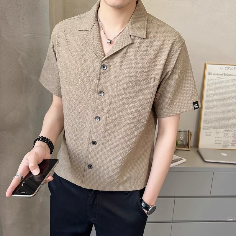 Men's Summer Ice Silk Short Sleeve Shirt - Loose Cuban Collar, High-Quality Solid Color Half Sleeve Top, Casual Jacket for Y2K Style