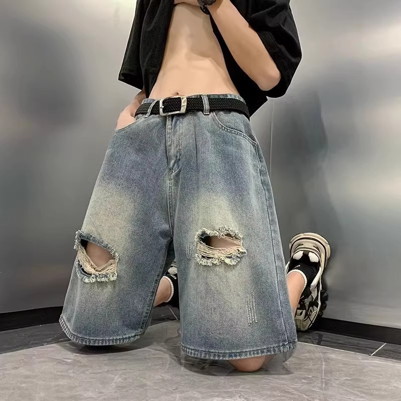 Men's Summer Loose-Fitting Ripped Denim Shorts with Elastic Waist - Trendy Mid-Length Casual Wear for Warm Weather