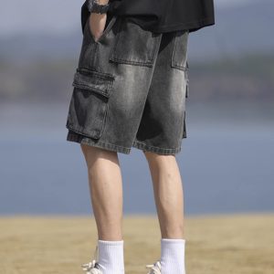 Men's Summer Loose Straight Denim Cargo Shorts - Mid-Length Casual Style for Comfortable Everyday Wear