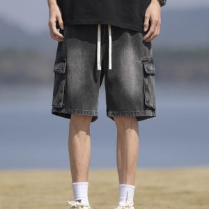 Men's Summer Loose Straight Denim Cargo Shorts - Mid-Length Casual Style for Comfortable Everyday Wear