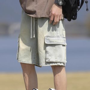 Men's Summer Loose Straight Denim Cargo Shorts - Mid-Length Casual Style for Comfortable Everyday Wear