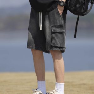 Men's Summer Loose Straight Denim Cargo Shorts - Mid-Length Casual Style for Comfortable Everyday Wear