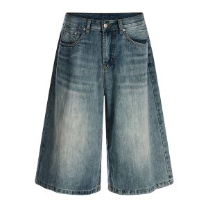 Men's Summer Vintage Water-Washed Blue Denim Shorts - Loose Fit Mid-Length Three-Quarter Pants for Trendy American Style