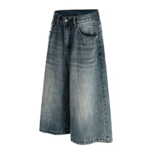 Men's Summer Vintage Water-Washed Blue Denim Shorts - Loose Fit Mid-Length Three-Quarter Pants for Trendy American Style