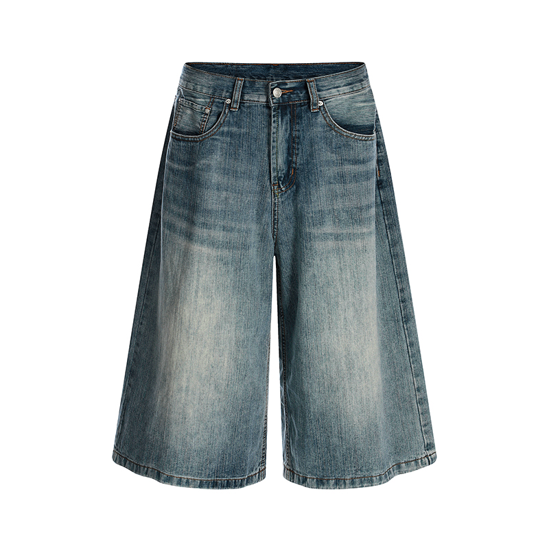 Men's Summer Vintage Water-Washed Blue Denim Shorts - Loose Fit Mid-Length Three-Quarter Pants for Trendy American Style