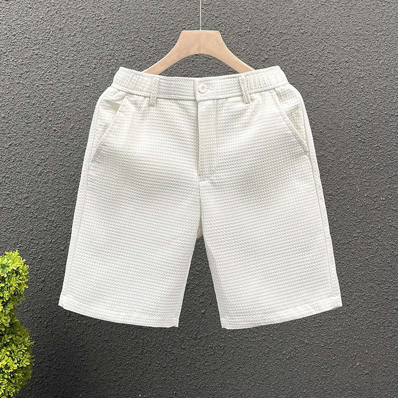 Men's Summer Waffle Shorts, Slim-Fit Casual Five-Point Pants, Versatile Solid Color Straight-Leg Mid-Length Shorts