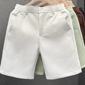 Men's Summer Waffle Shorts, Slim-Fit Casual Five-Point Pants, Versatile Solid Color Straight-Leg Mid-Length Shorts