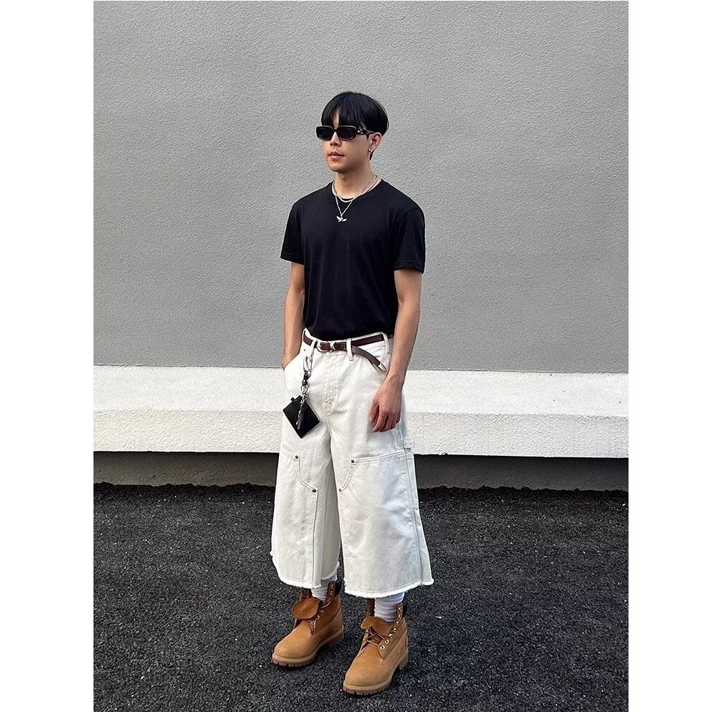 Men's Unisex White Cargo Cropped Pants - American Retro Studded Patchwork High Street Denim Shorts, Deconstructed Design