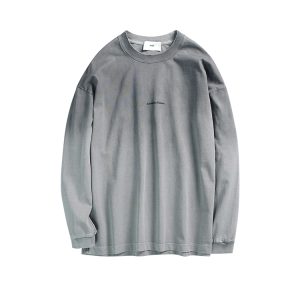 Men's Vintage Distressed Long Sleeve T-Shirt with Gradient Collar - American Retro Style, Cool Loose Fit for Spring