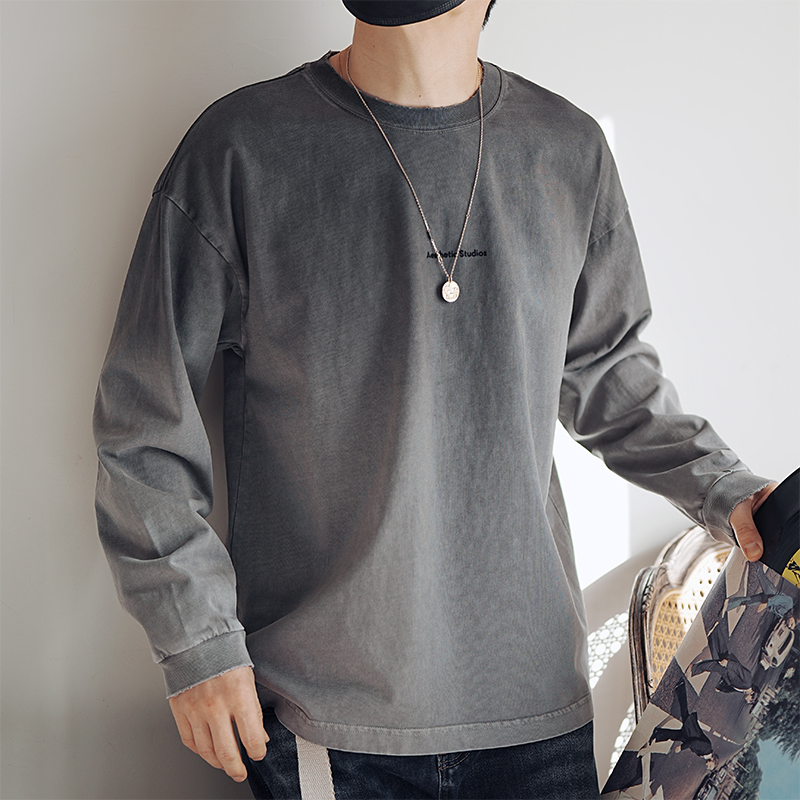 Men's Vintage Distressed Long Sleeve T-Shirt with Gradient Collar - American Retro Style, Cool Loose Fit for Spring