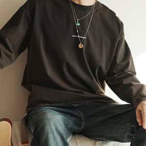 Men's Vintage Distressed Long Sleeve T-Shirt with Gradient Collar - American Retro Style, Cool Loose Fit for Spring