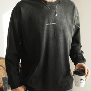 Men's Vintage Distressed Long Sleeve T-Shirt with Gradient Collar - American Retro Style, Cool Loose Fit for Spring