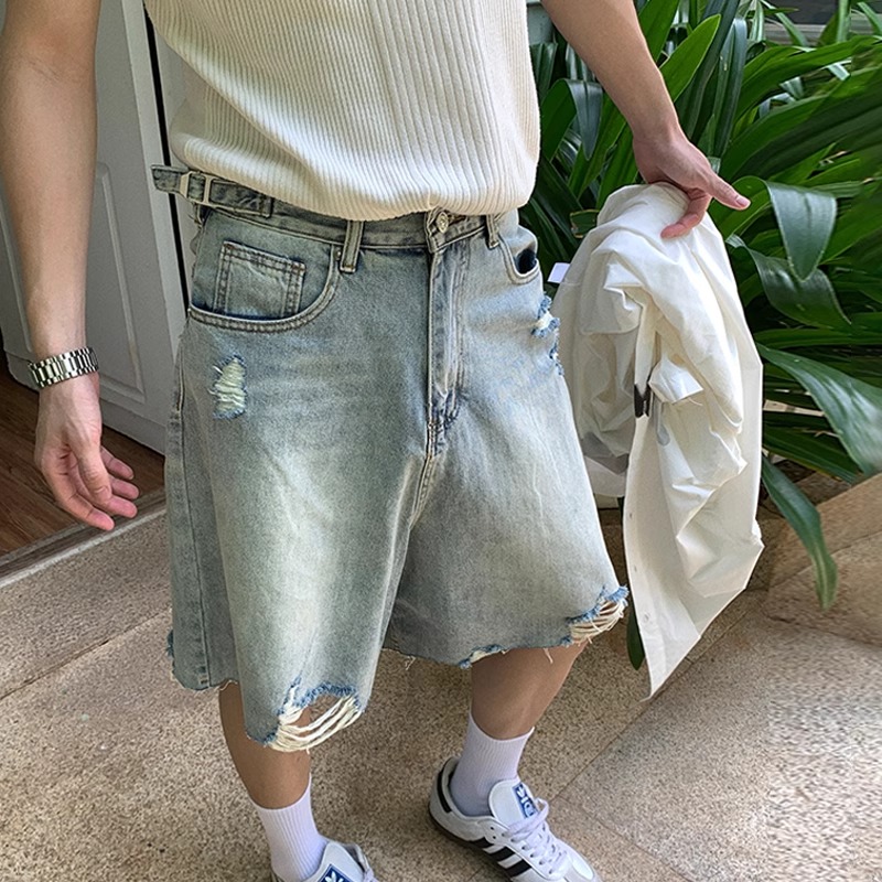 Men's Vintage High Street Summer Denim Shorts - Washed, Ripped, Distressed, Casual Loose Fit Five-Point Style