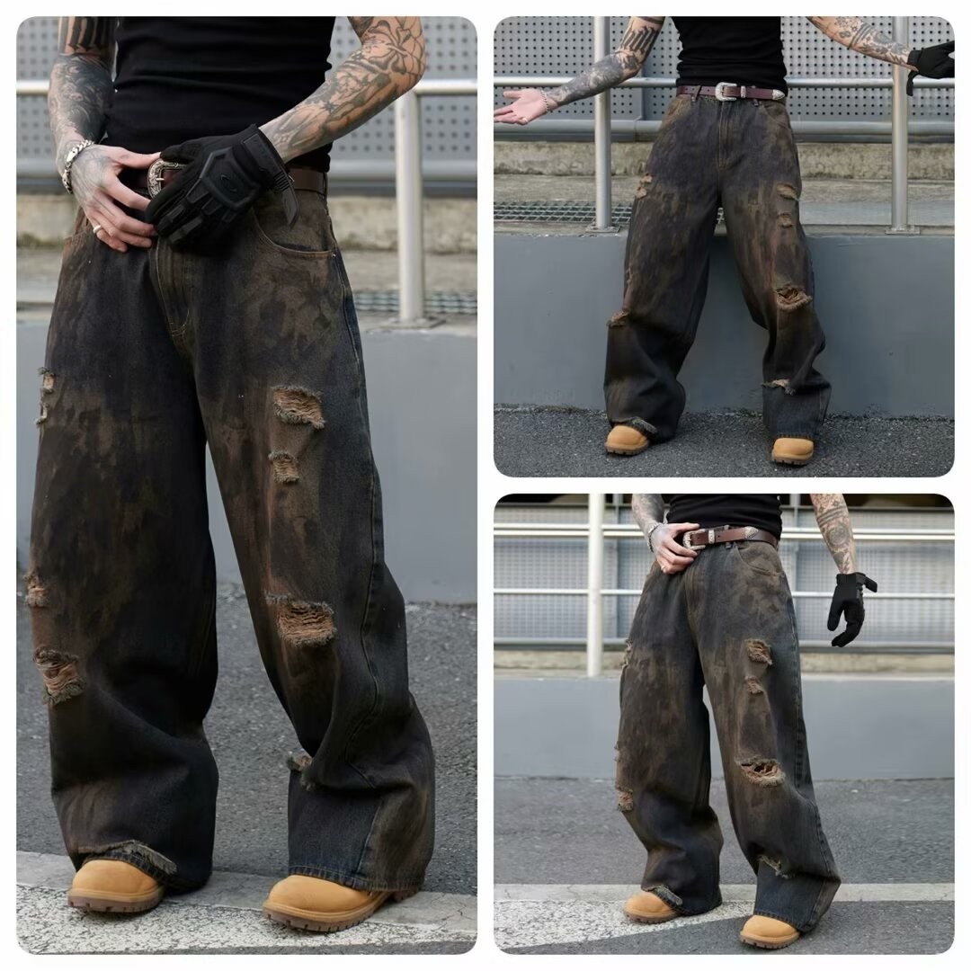 Men's Vintage Ripped Baggy Wide-Leg Jeans - Wasteland Style, American Streetwear, Cool & Loose Floor-Length Pants