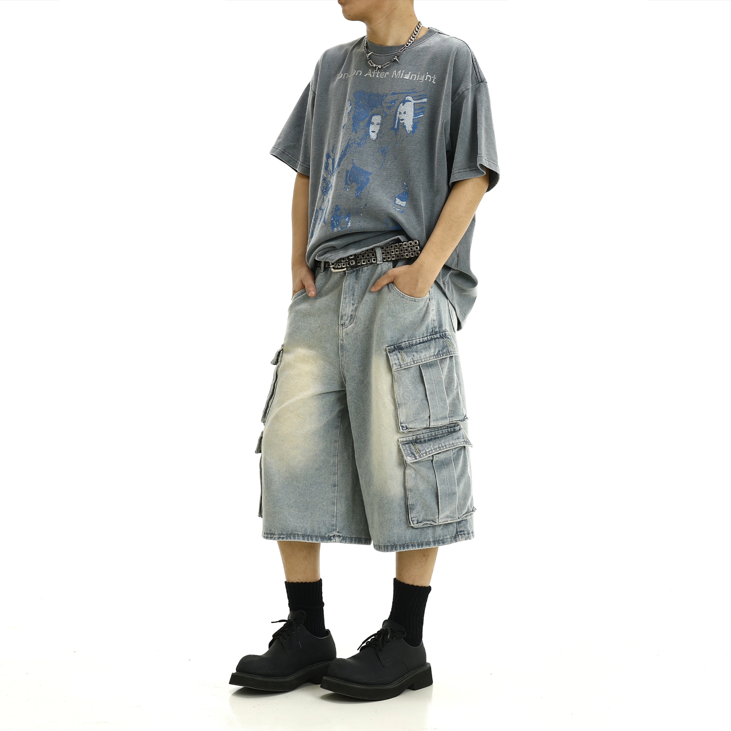 Men's Vintage Workwear Denim Pants - Multi-Pocket, Loose Straight-Leg, Cropped American Retro Style for Summer