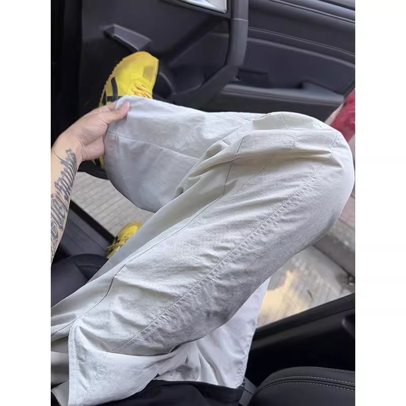 Men's White Laser Perforated Quick-Dry Outdoor Sports Pants - Summer Thin Breathable Ice Silk Straight-Leg Wide-Leg Style
