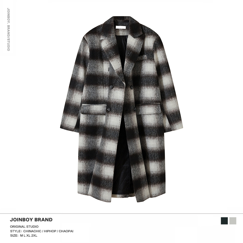 Men's Winter Plaid Trench Coat - Mid-Length Loose Fit Woolen Overcoat in American Style for 2025 Fashion