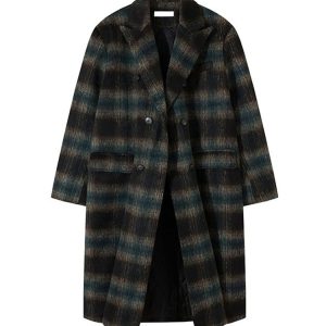 Men's Winter Plaid Trench Coat - Mid-Length Loose Fit Woolen Overcoat in American Style for 2025 Fashion