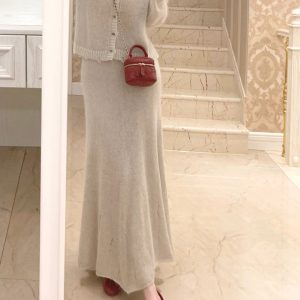 Merino Wool Shiny Yarn Knitted Cardigan Top for Women, Sheer A-Line Fitted Pencil Skirt, Chic Autumn Style, Cozy Layering Essential