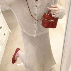 Merino Wool Shiny Yarn Knitted Cardigan Top for Women, Sheer A-Line Fitted Pencil Skirt, Chic Autumn Style, Cozy Layering Essential