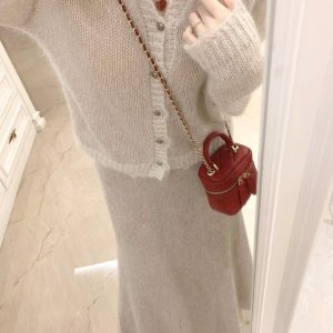 Merino Wool Shiny Yarn Knitted Cardigan Top for Women, Sheer A-Line Fitted Pencil Skirt, Chic Autumn Style, Cozy Layering Essential