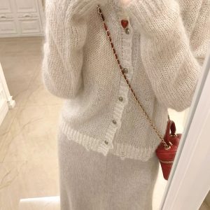 Merino Wool Shiny Yarn Knitted Cardigan Top for Women, Sheer A-Line Fitted Pencil Skirt, Chic Autumn Style, Cozy Layering Essential