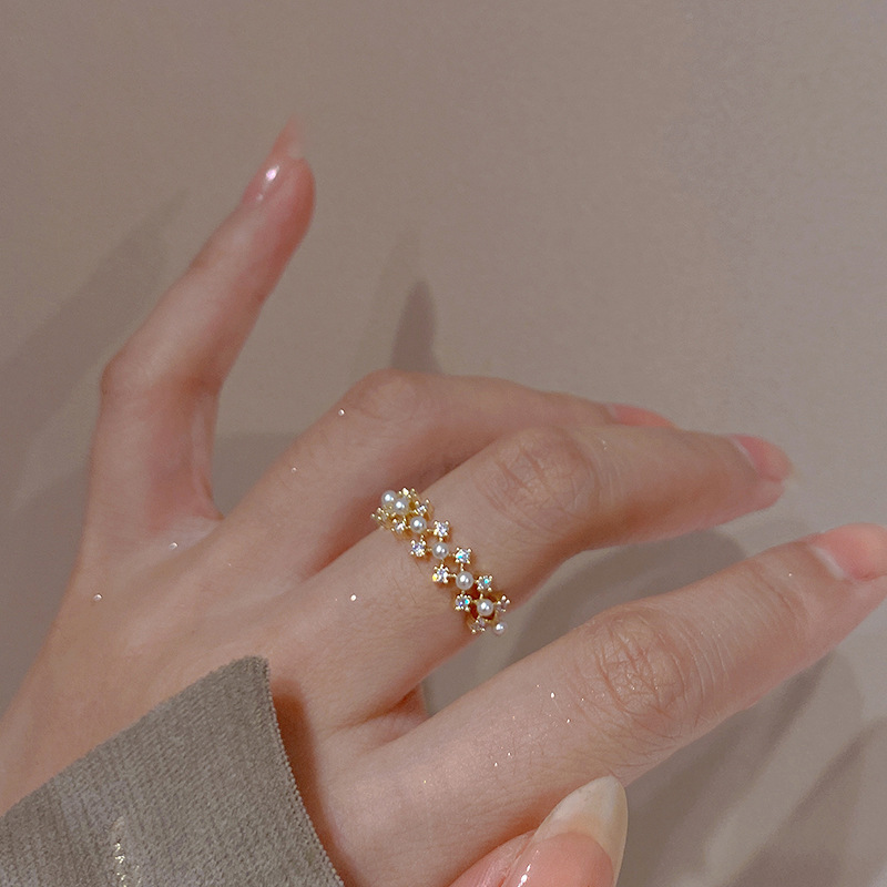 Micro-Inlaid Colored Diamond Zircon Lace Pearl Open Ring for Women - Summer Japanese Korean Style Light Luxury Fashion 2025