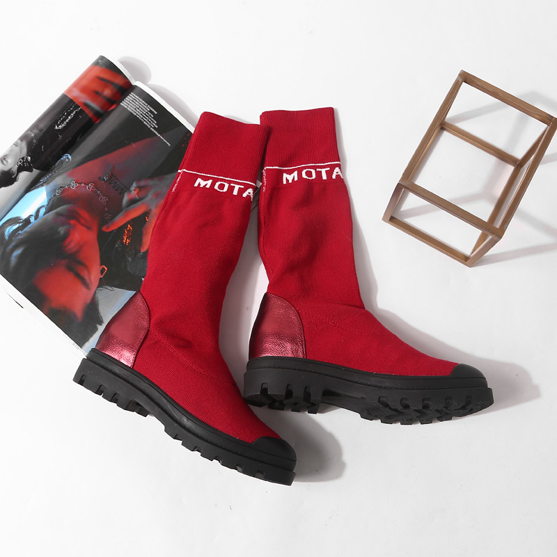 Mid-Calf Knitted Sock Tube Boots for Women - Round Toe Genuine Leather - Trendy Spring Autumn Footwear