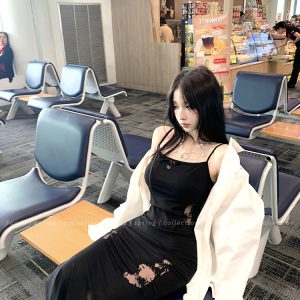 Mid-Length Black Spaghetti Strap Dress with Burn Flower Design - Women's Slim Fit Hunting Sister Style for Y2K and 90s Fashion