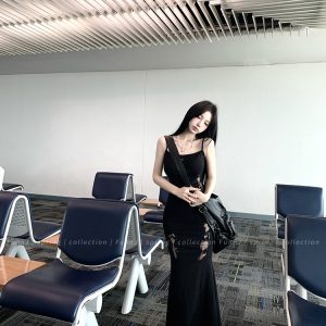 Mid-Length Black Spaghetti Strap Dress with Burn Flower Design - Women's Slim Fit Hunting Sister Style for Y2K and 90s Fashion