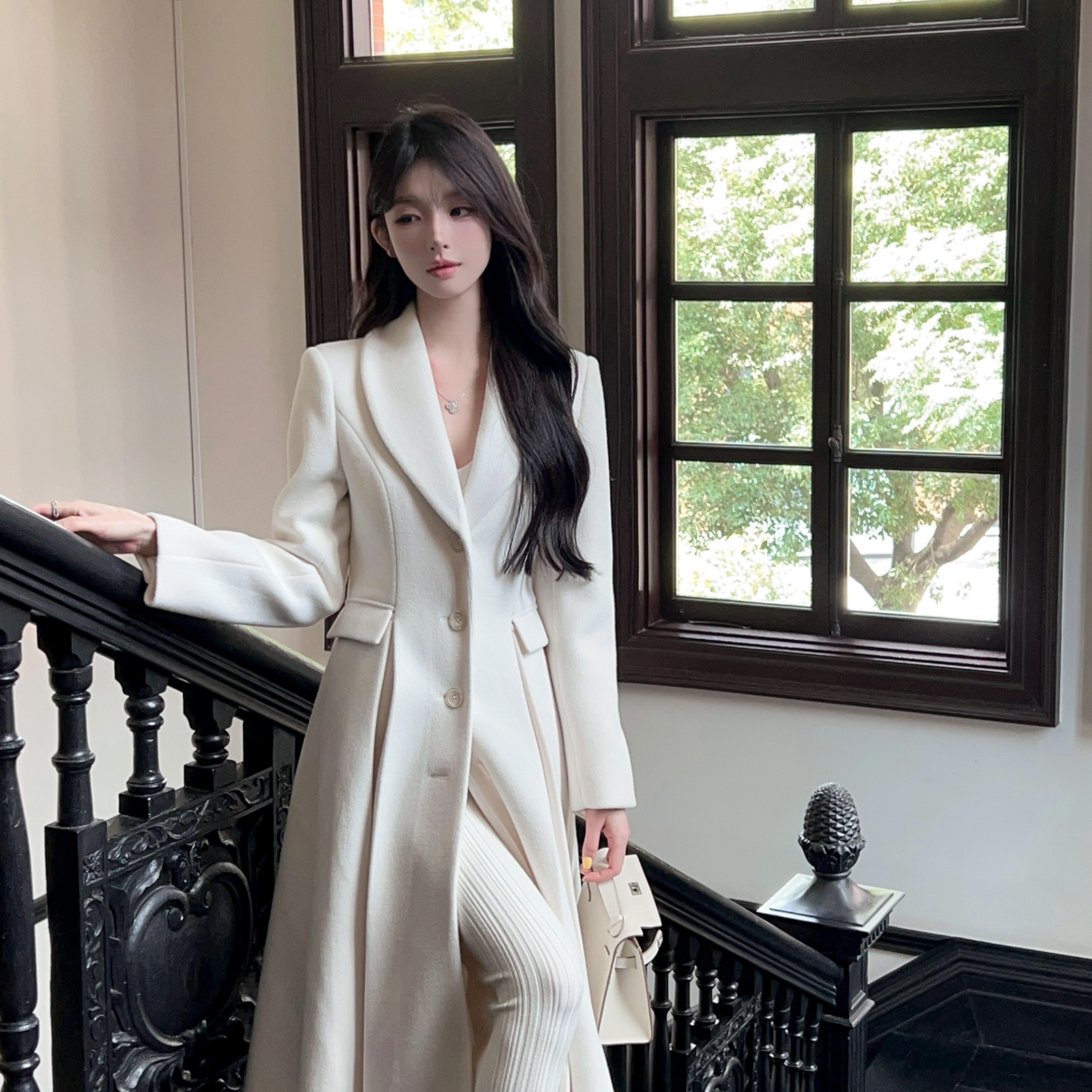 Mid-Length Elegant White Woolen Coat for Women with Lapel - High-End Winter Fashion Outerwear