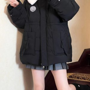 Mid-Length White Duck Down Jacket - Pudding Bear JK Style Winter Coat with Adjustable Waist, Perfect for Cold Weather Fashion