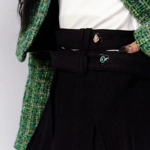 Midnight Florence Black Pleated Long Skirt with Vintage Double Waist Belt – Elegant 90s-Inspired Fashion for Timeless Style