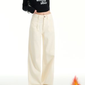 Milk Apricot Pleated Fleece Wide-Leg Jeans for Women – High-Waisted, Loose-Fitting, Versatile Straight-Leg Pants for Autumn & Winter, Petite Sizes