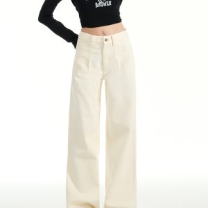 Milk Apricot Pleated Fleece Wide-Leg Jeans for Women – High-Waisted, Loose-Fitting, Versatile Straight-Leg Pants for Autumn & Winter, Petite Sizes