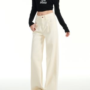 Milk Apricot Pleated Fleece Wide-Leg Jeans for Women – High-Waisted, Loose-Fitting, Versatile Straight-Leg Pants for Autumn & Winter, Petite Sizes