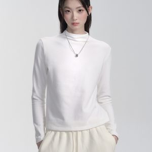 Milk Blue Cream Puff Warm Fleece Basic Half High Neck Knitted Layer Top - Cozy Winter Essential, Perfect for Layering and Casual Style