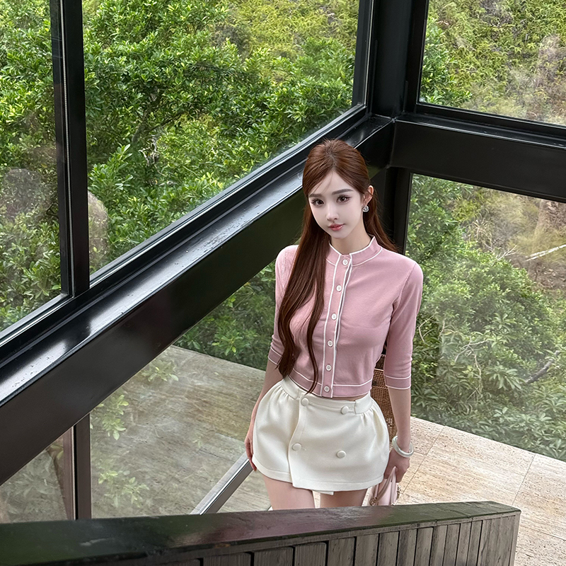 Milk Fragrance Cherry Blossom Ice Silk Short Sleeve Cardigan Slim Fit T-Shirt - Cool Summer Top for Air Conditioning