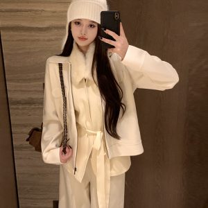 Milk White Zipper Jacket for Women - Nordic Notes Lapel Workwear, Soft and Warm Fashion Outerwear